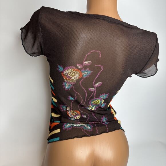 Brown Sheer Mesh Beaded Floral Embroidered Striped Y2K Boho Festival Top S - Picture 2 of 11